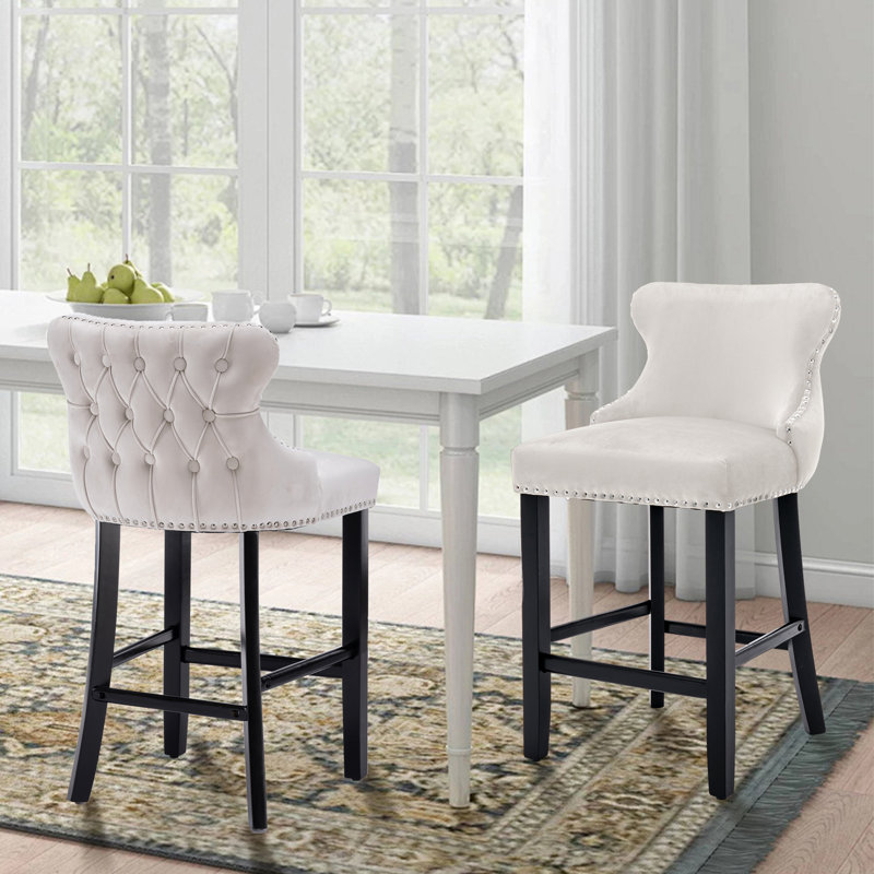 Kaimana Upholstered Counter Stool with Solid Wood Frame, Beige Velvet