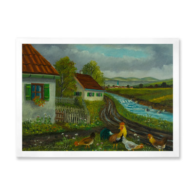 Trois poules et un coq dans un pré avec des fleurs - peinture sur toile