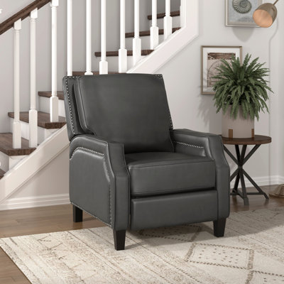 Chaise inclinable de style transitionnel en gris, en bois massif et en contreplaqué, siège inclinable en mousse gris, dossier amovible, confortable