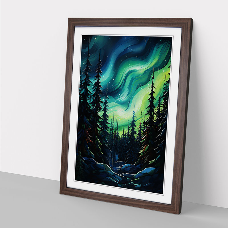 Northern Lights Abstract - Single Picture Frame Print on Wood, 64cm H x 46cm W x 2cm D, Walnut