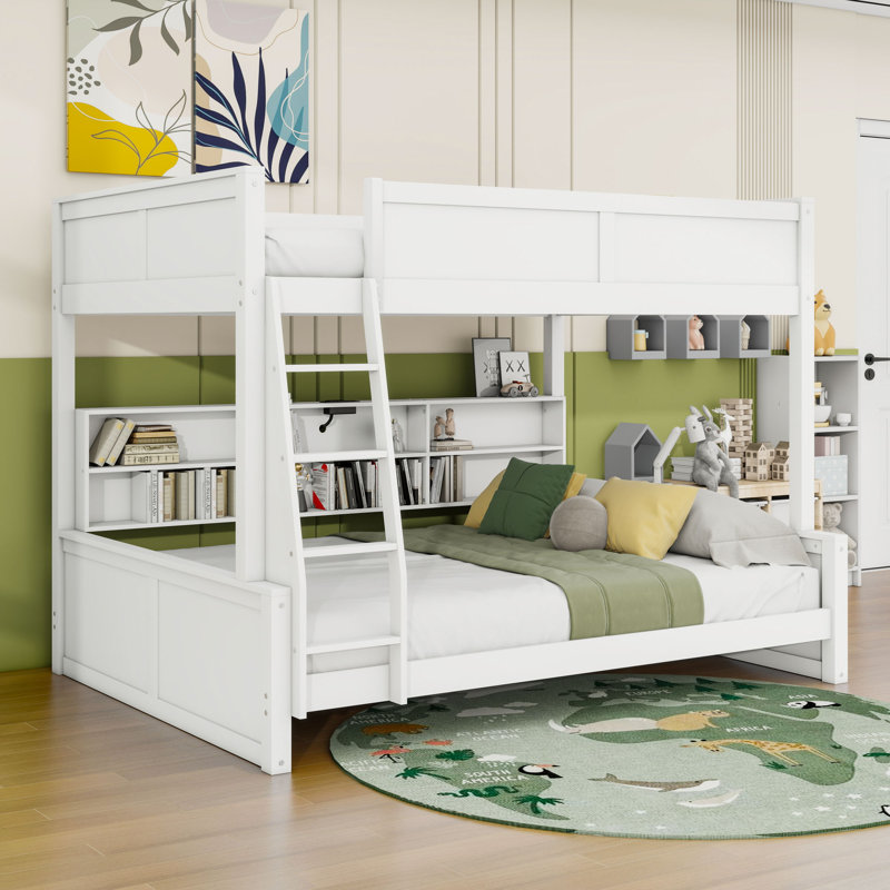 Lit superposé en bois avec tablettes de rangement et ports USB, Double TG sur grand, Blanc antique