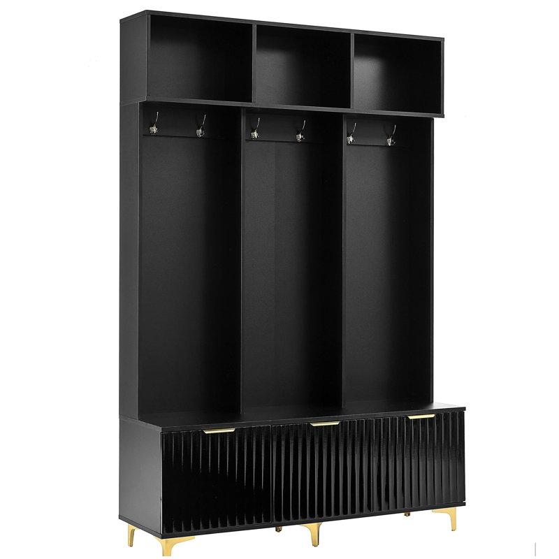 Grand portemanteau moderne avec banc, banc de rangement multifonctionnel avec portes cannelées ultrabrillantes, portemanteau luxueux avec 6 crochets et pieds dorés pour le vestibule et le salon