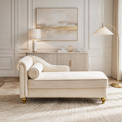 Chaise longue en velours beige avec rangement caché et pieds dorés