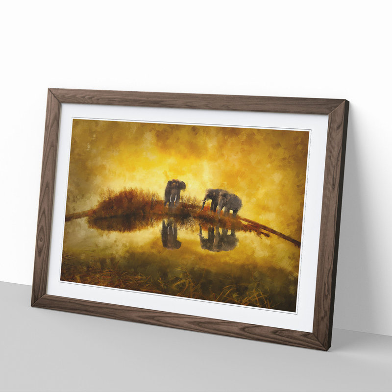 Elephants at Sunset - Framed Print, 27cm H x 36cm W x 2cm D, Walnut Framed