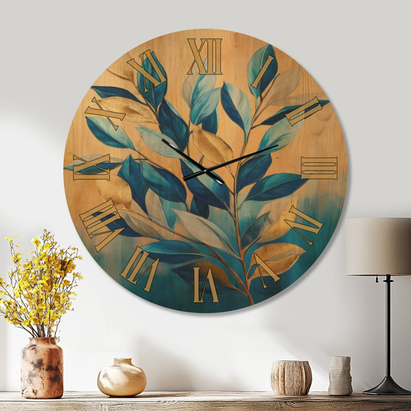 Sapphire Gold Leaves II - Horloge murale ronde botanique imprimée sur bois, Extra Large