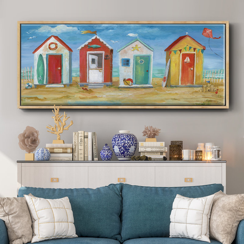 Bright Beach Huts- Framed Canvas, 20" H x 50" W