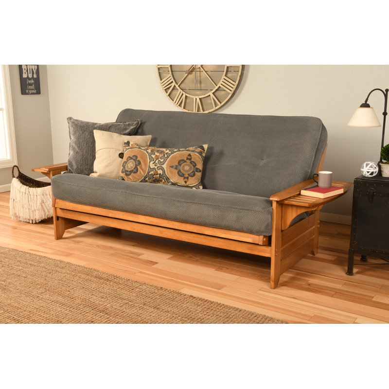 Johnte 82'' Wide Full Futon And Mattress, Butternut, Marmont Thunder Microsuede, Premium Pocket Coil