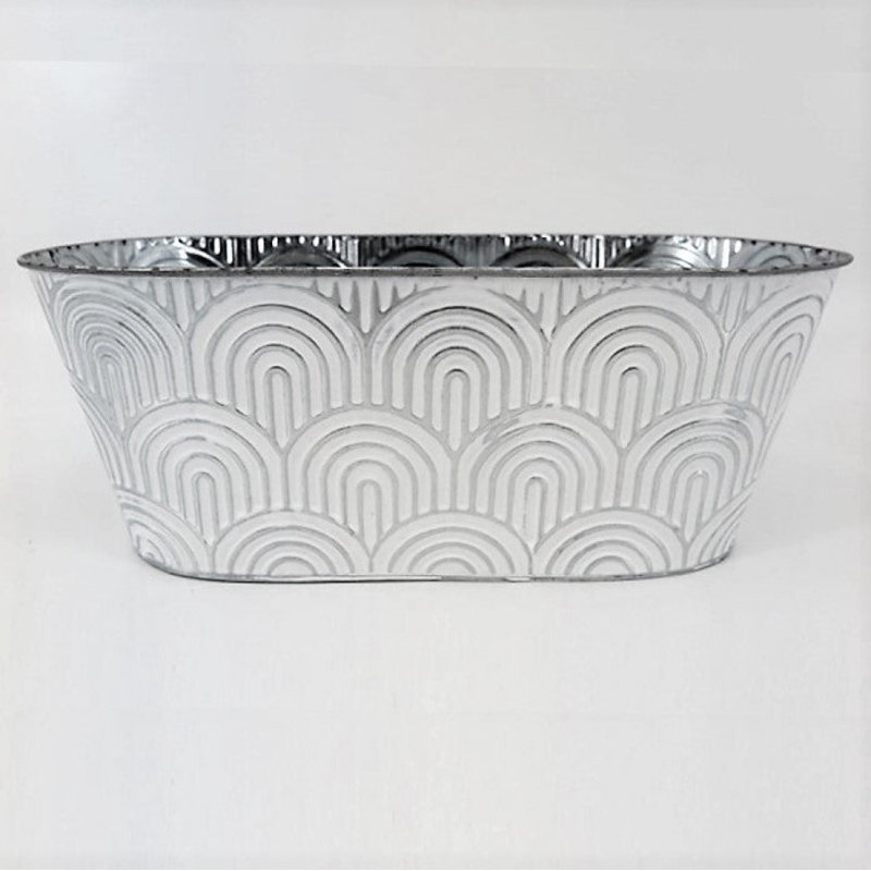 Pot à fleurs en métal avec lignes rondes, H 5,2 po x l 13,75 po x P 7 po, Blanc / Gris
