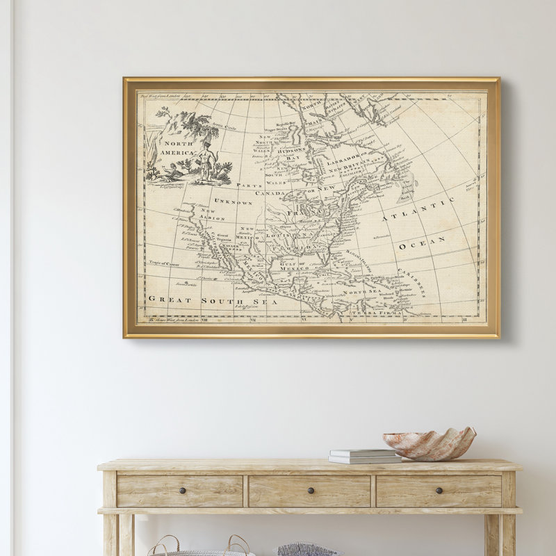 Carte de l’Amérique du Nord-impression d’art graphique sur toile encadrée, H 30,5 po x l 42,5 po x P 1,5 po, Encadrement doré