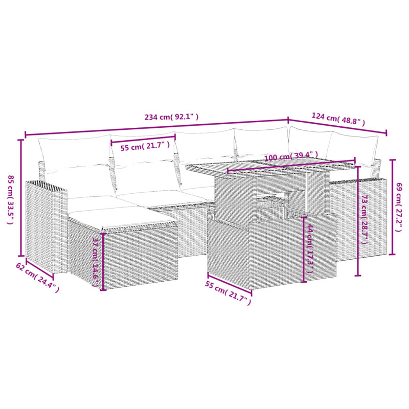  7 Piece Patio Sofa Set With Cushions Poly Rattan, Gray, Blue
