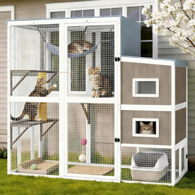 Grande clôture pour chat d'extérieur Catio, maison de chat en bois de 75 po pour plusieurs chats d'extérieur, plateformes multi-niveaux, hamac et poteau à griffes, conception à deux zones
