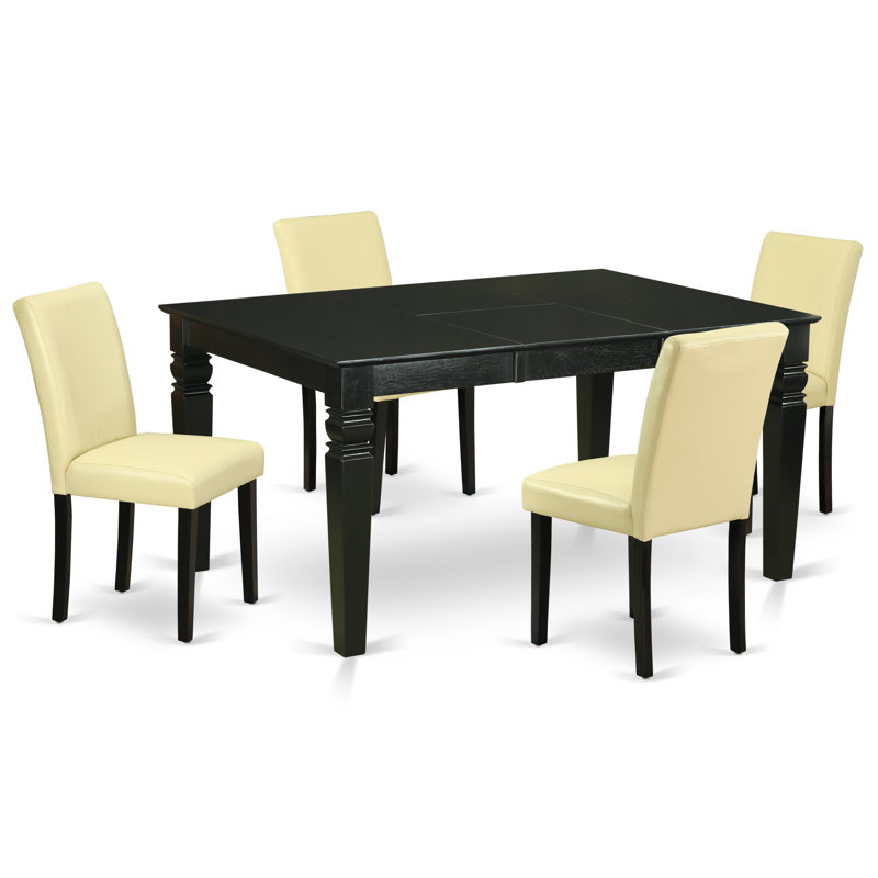 5 Piece Kitchen Table Set for 4 Includes a Rectangle Dining Room Table with Butterfly Leaf and 4 Eggnog Faux Leather Parsons Chairs, Black