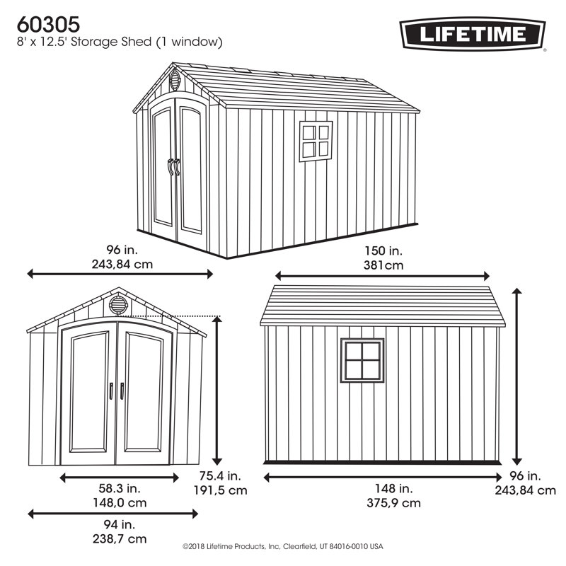 8' x 12' Black Polyethylene Outdoor Storage Shed with Shelving and Windows