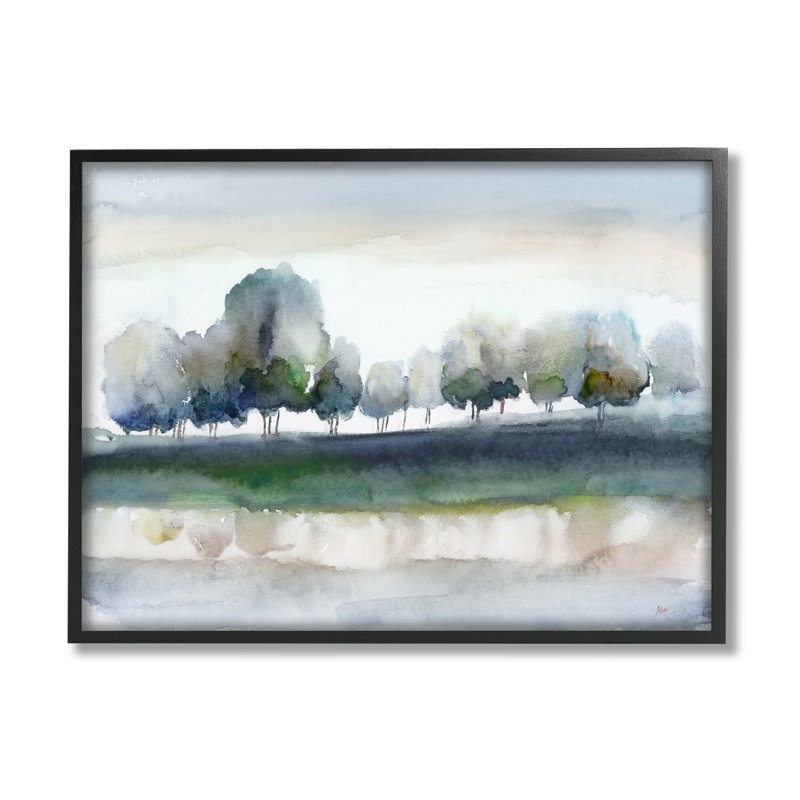 «Tree Orchard Flowing River Watercolor Nature Scene» par Nan - peinture sur toile à cadre flottant