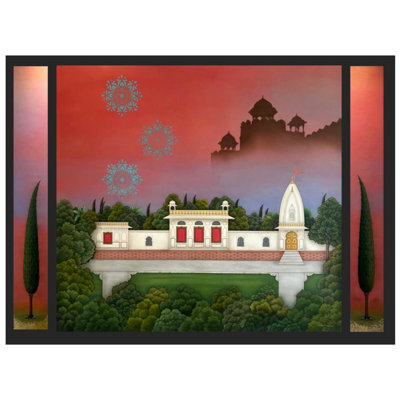 "Evening at Courtyard" Rajasthani Miniature Painting | Hand-Painted Watercolor Wall Art by Shammi Bannu Sharma
