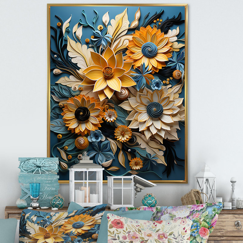 Tournesols abstraits bleus et beiges, H 40 po x l 30 po x P 1,5 po, Cadre flottant doré