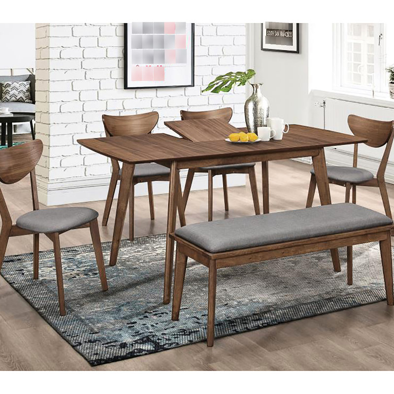 Banc gris rembourré pour la salle à manger, finition noyer naturel, tissu élégant avec structure, look Mid-Century