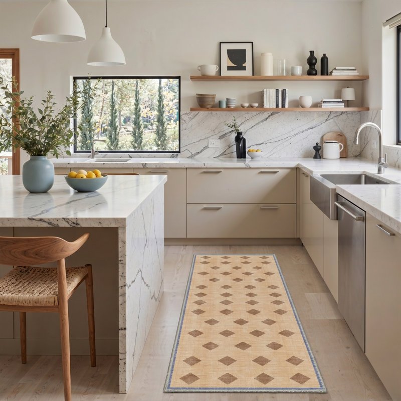 Diamondia Geometric Machine Washable Beige / Brown Indoor Area Rug with Non-Slip Backing, Runner 2' x 7'