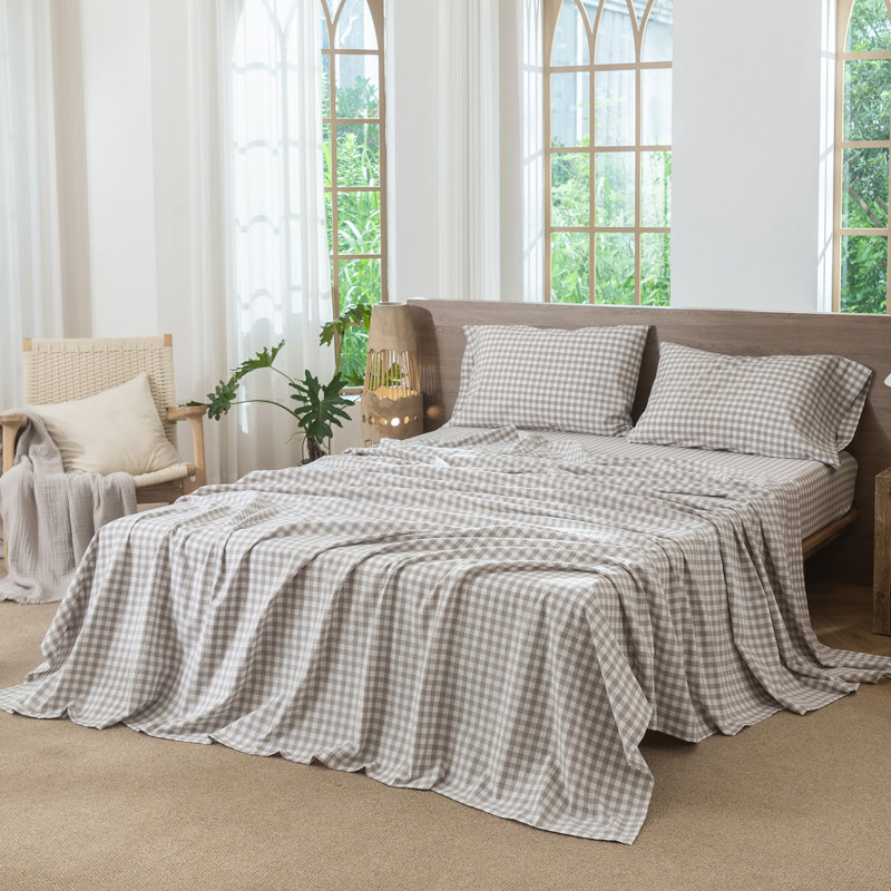 MooMee Gingham Sheet Set 100% Washed Cotton Linen Like Textured Breathable Lightweight, Queen Sheet Set with 2 Pillowcases