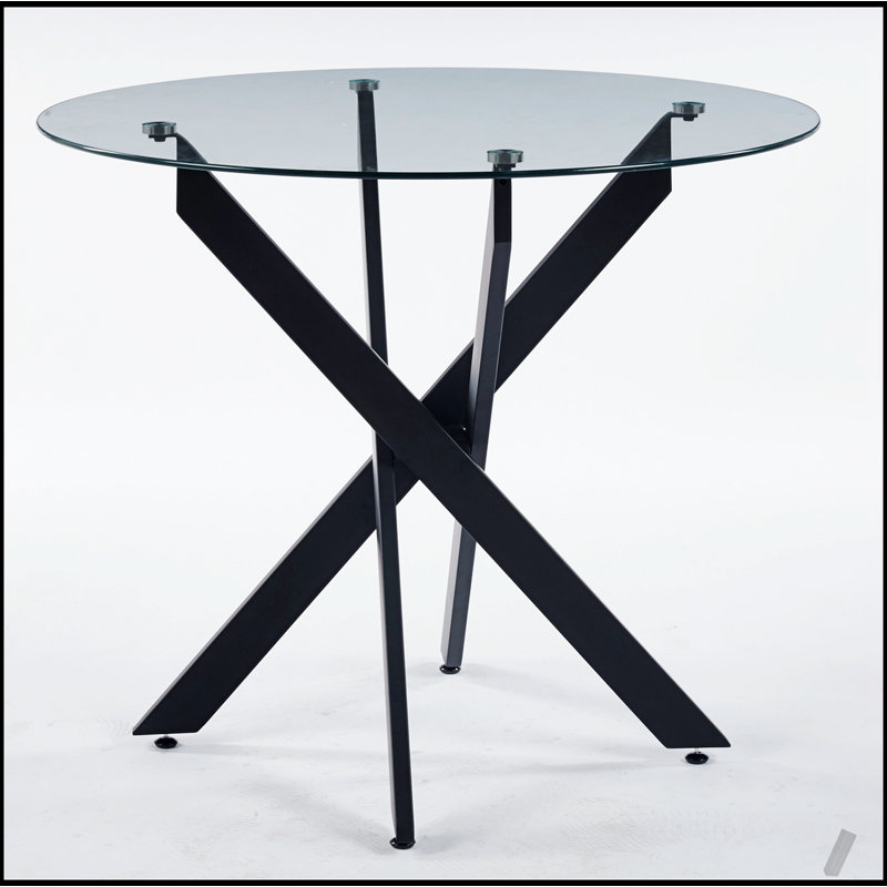 Table de salle à manger moderne noire avec pieds croisés en métal et verre trempé, parfaite pour les salons élégants et peu encombrants