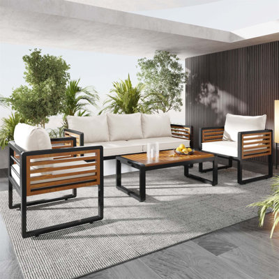 Grand ensemble de mobilier d'extérieur pour 5 personnes avec coussins amovibles, structure en métal et en bois, sièges rembourrés épais pour la conversation sur le patio