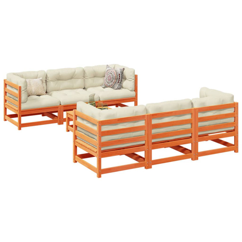  Ensemble de canapé de jardin modulaire en bois de pin massif brun 7 pièces, Coussin beige / structure brune