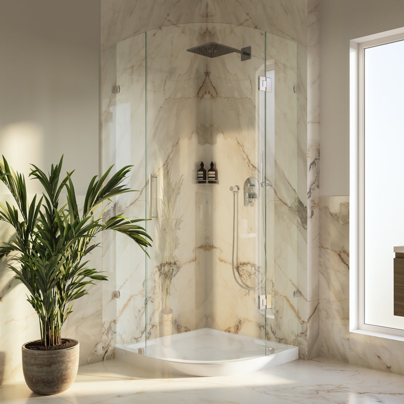 Receveur de douche Marquette 34 po x 34 po à angle arrondi et seuil unique avec drain central, blanc brillant