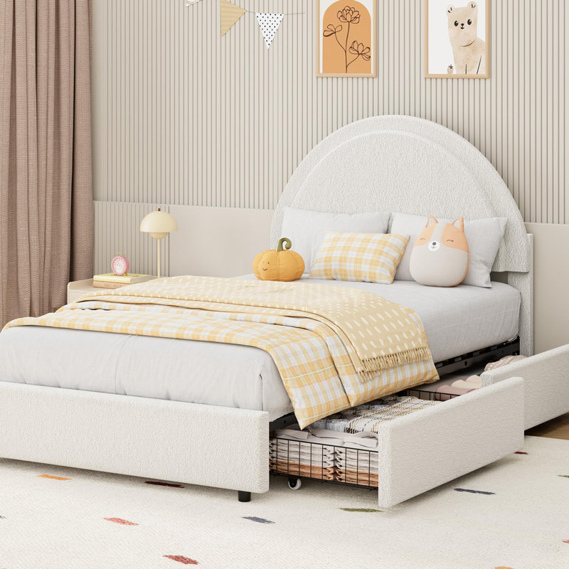 Base de lit simple avec lit à deux places avec tête de lit ronde et 2 tiroirs de rangement, lattes en bois, silencieux, sans sommier tapissier, blanc
