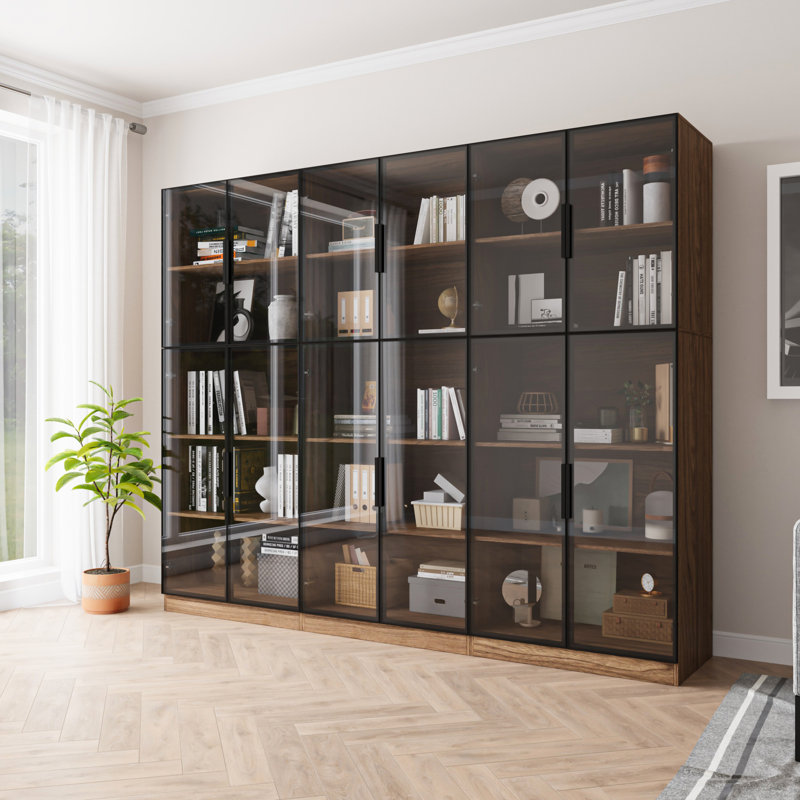 Display Cabinet With Glass Doors & Adjustable Lights, Modern Collectibles Cabinet For Living Room, Office, Set Of 3, Walnut