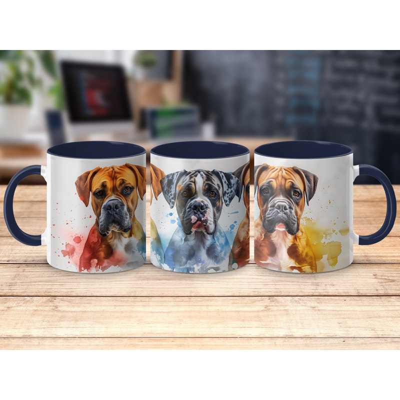 11oz Watercolour Three Boxer Dogs Design Coffee Mug, 2, Navy