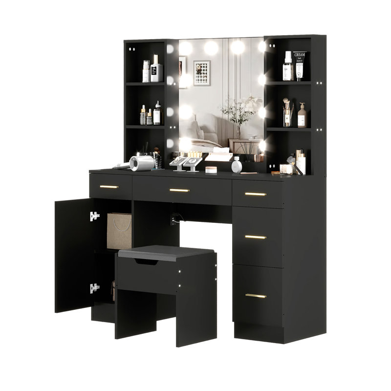 Bureau de coiffeuse avec miroir éclairé, 3 tables de maquillage de couleur d'éclairage, coiffeuse moderne avec tabouret, 5 tiroirs de rangement, noir