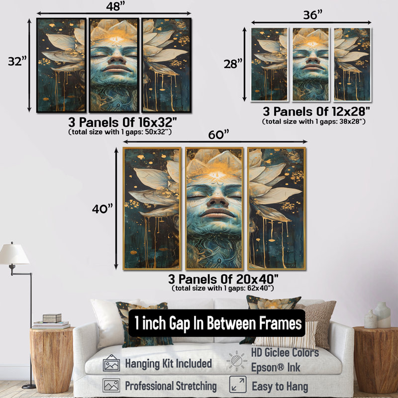 «Awakening Blue Lotus Woman», ensemble d'impressions d'art mural, Cadre flottant doré, H 40 po x l 60 po x P 1 po