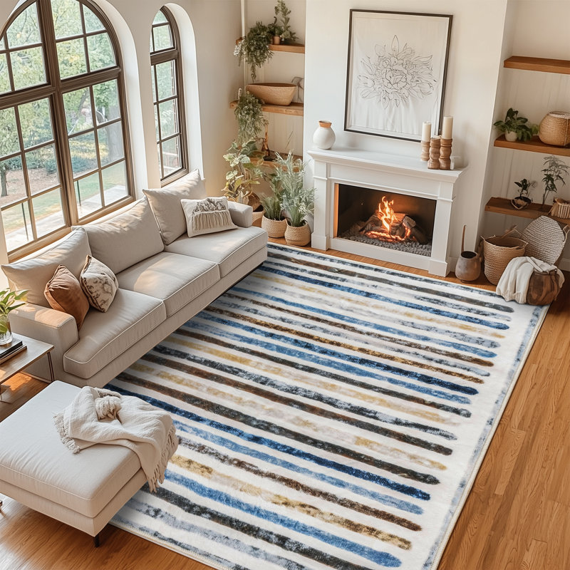 Tapis à rayures antidérapant coloré et moderne lavable à la machine en bleu / brun / jaune / crème pour le salon, la chambre à coucher, les tapis d'intérieur de couloir