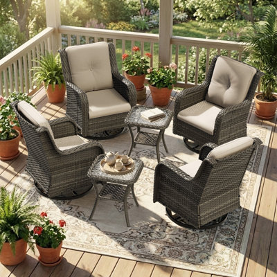 6-Piece Swivel Wicker Patio Conversation Set Rocking Chairs with Beige Cushions and Coffee Tables