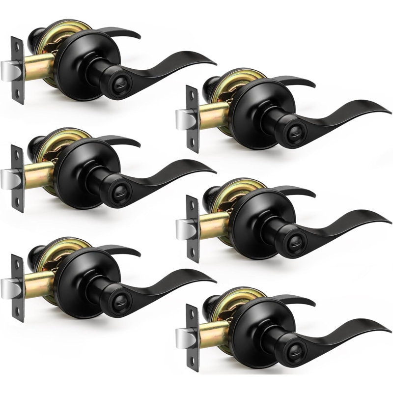 Paquet de 6 poignées de porte noires mates pour porte d'intimité, serrures de porte de bain / lit de style vague robustes, poignées de porte intérieures, leviers réversibles pour portes à droite et à gauche