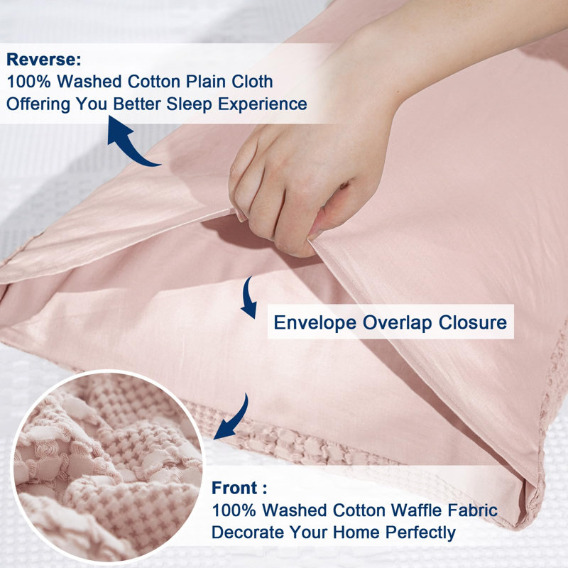 PHF 100% Cotton Ruffle Waffle Pillow Shams, 2 Pack Soft Skin-Friendly Bed Pillow Covers for Aesthetic Home Decor, Pink