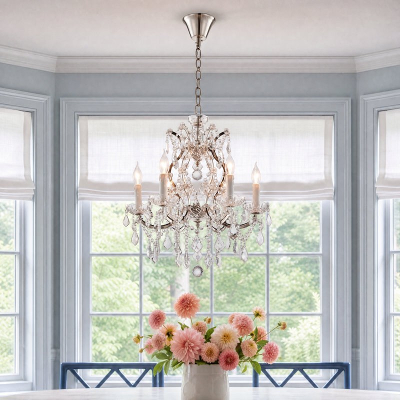 Lustre style candélabre en cristal de style empire 6 lumières 20 po, H 70 po x l 20 po x P 20 po, Nickel brossé, 1 étage