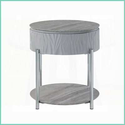Table basse moderne grise ultrabrillante avec pieds en métal chromé - Rangement encastré compact