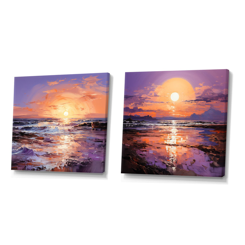 Jaune et mauve, océan, coucher de soleil, étreinte I - ensemble de 2 impressions sur toile, Toile tendue
