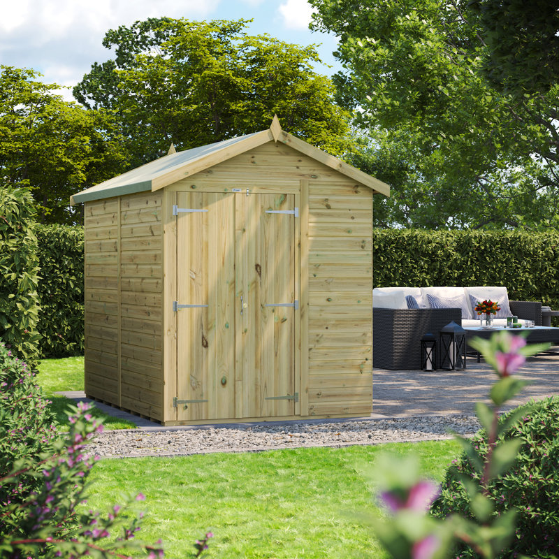 Powersheds 8 x 6ft Premium Pressure Treated Timber Windowless Apex Garden Shed, Double Doors