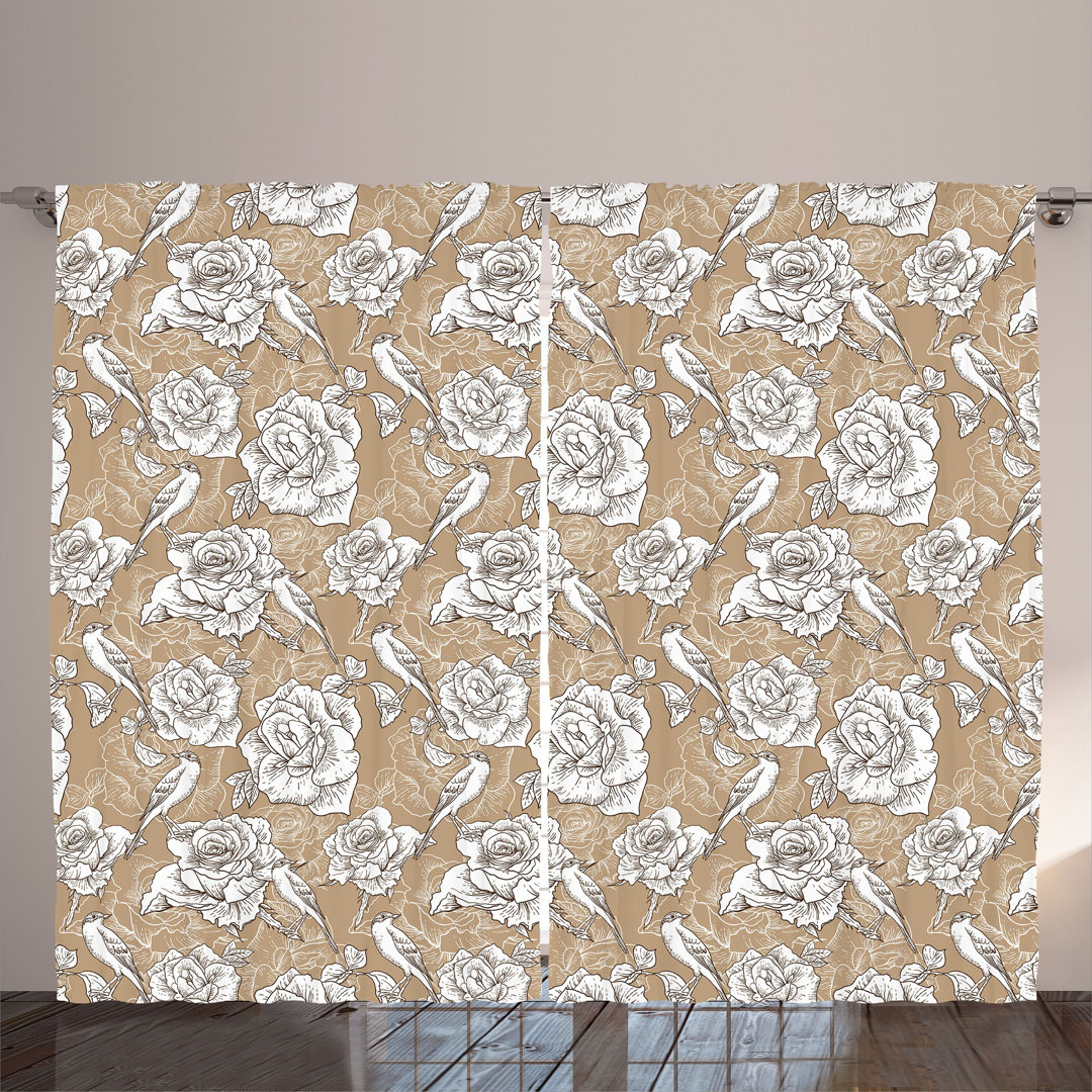 Rustic curtain, bitonal floral art, birds and roses, dark khaki white
