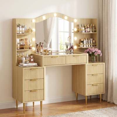 Big Vanity, 55” Fluted Makeup Vanity Desk With Mirror, Vanity Table W/ Glass Top, Power Outlet And 11 Lights, Large Vanities W/ 8 Drawers & 4 Shelves, Women’s Dressing Vanities For Bedroom (oak)