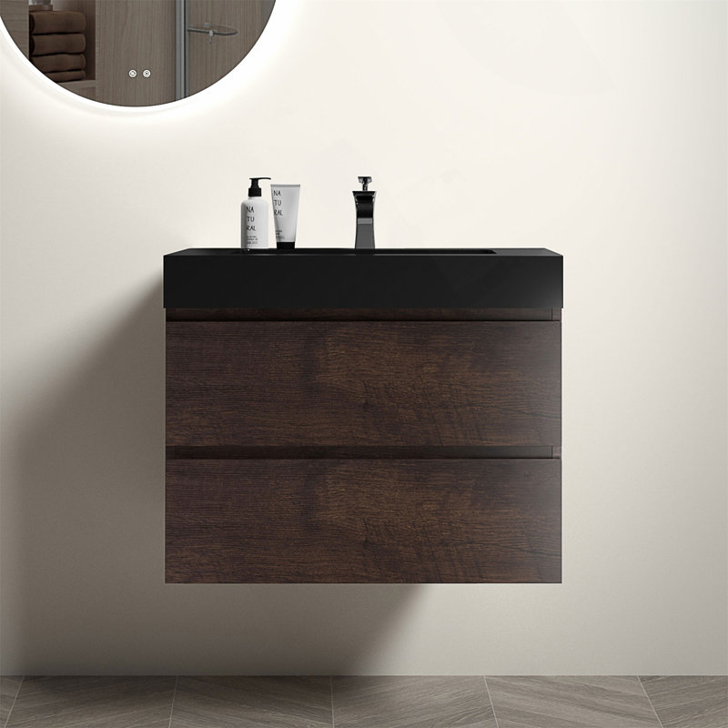 Meuble-lavabo flottant mural de 30 po avec lavabo, grand rangement, conception écologique et tiroirs DTC silencieux, Noir