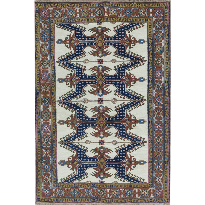 Tapis bleu et brun noué à la main de haute qualité
