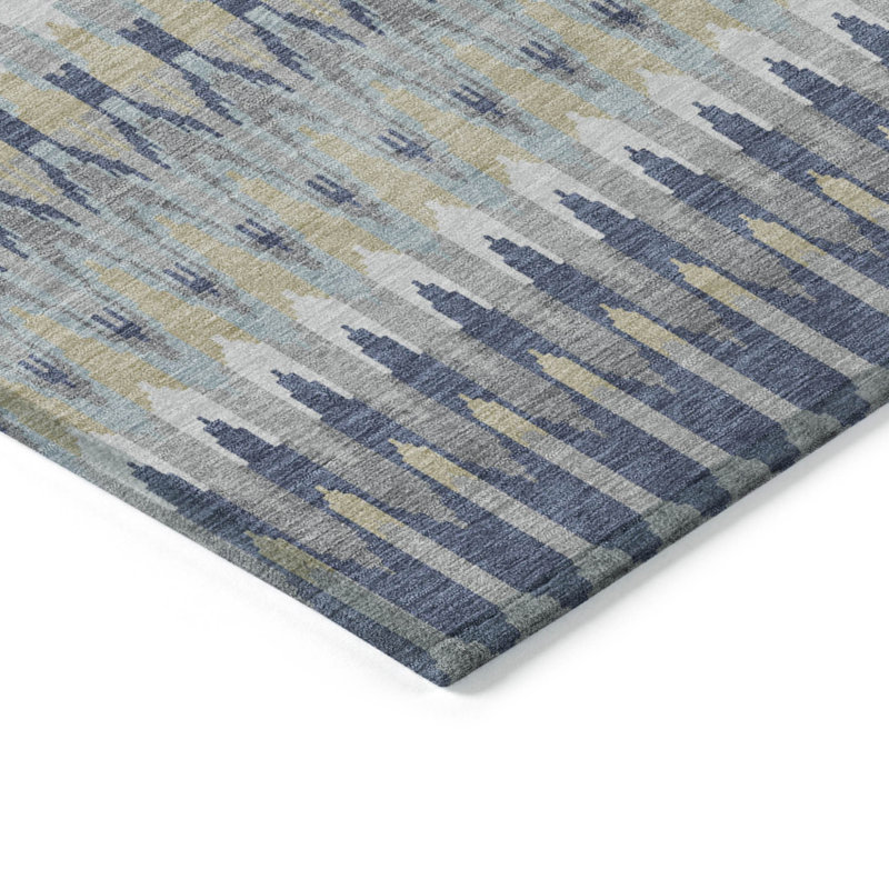 3' X 5' Taupe Navy Blue And Denim Blue Southwestern Washable Indoor Outdoor Area Rug