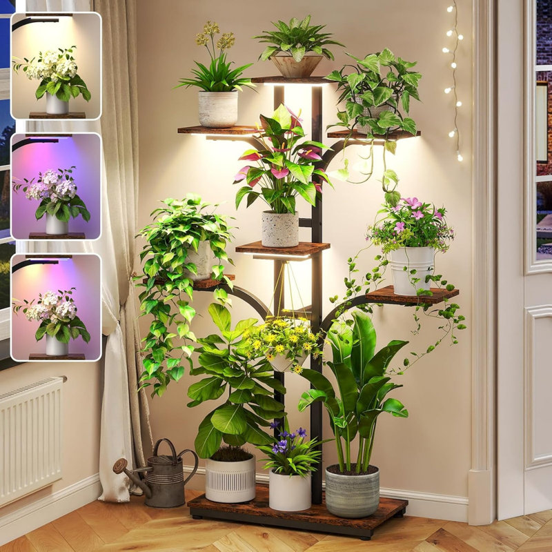 Metal Plant Stand Indoor Brown with Grow Lights for Patio