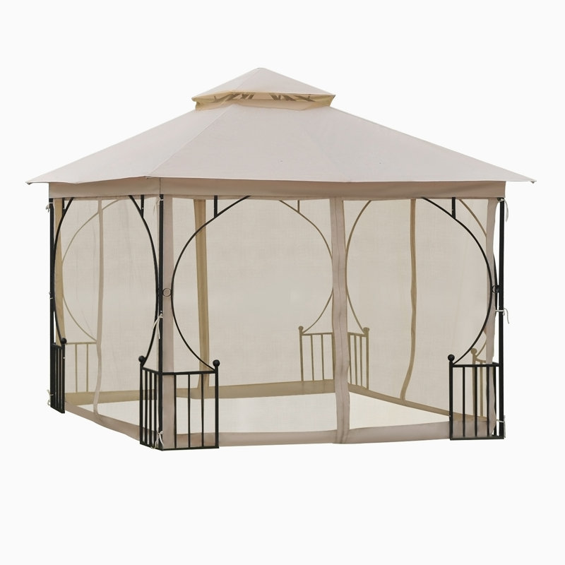10x10ft Patio Gazebo, Double Roof, with Netting, Steel Frame, Beige