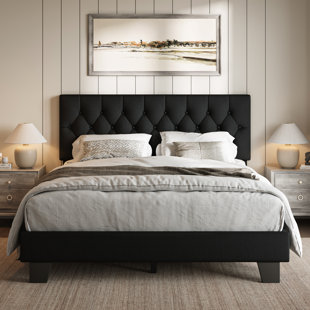 Queen Upholstered Bed Frame with Headboard, Button Tufted Linen Bed Base, Platform Bed with Wood Slat, Heavy Duty, Easy Assembly, No Box Spring Needed,Black