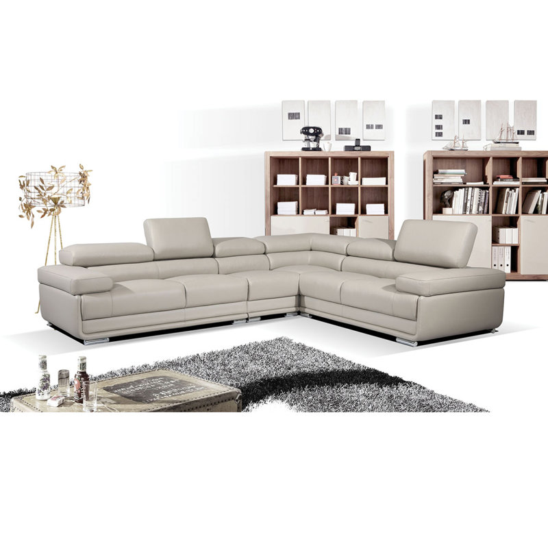 Canapé modulaire en cuir véritable de 126 po de largeur, Cuir gris clair