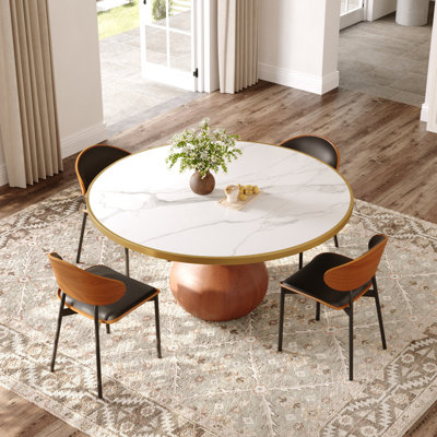 5Pcs Walnut Solid Wood Dining Set For 4/6/8/10 - Thicken 1.2Inch Sintered Stone Tabletop With Protective Golden Edge + Black Big Chairs
